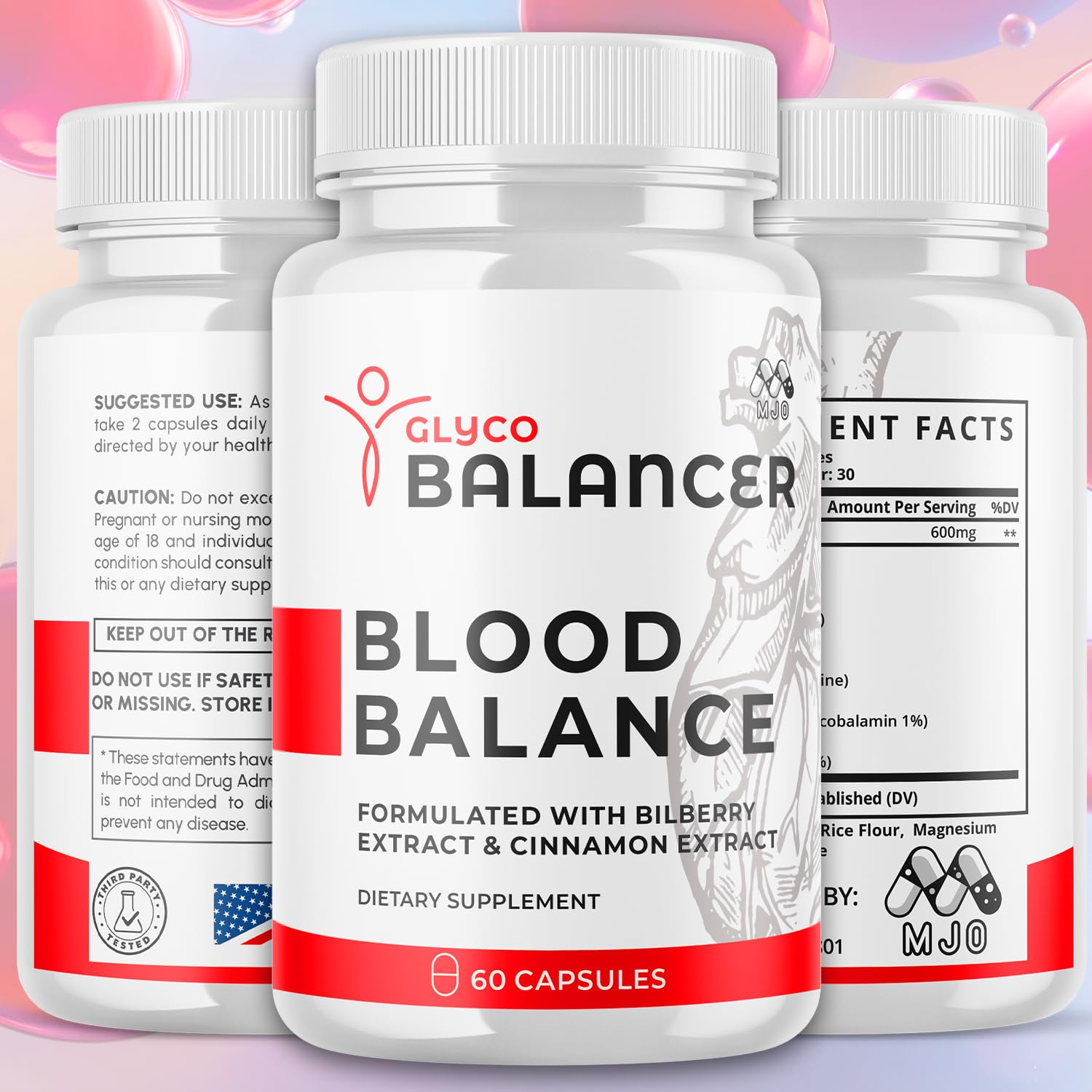 MJO Glyco Balancer capsules close-up, natural ingredients for daily balance.