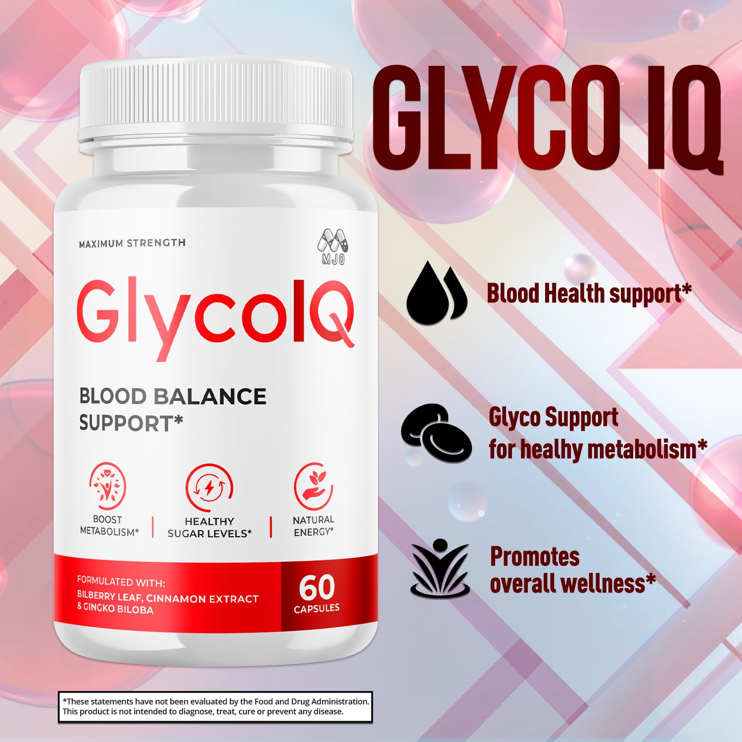 MJO Glyco IQ capsules beside a glass of water for easy use