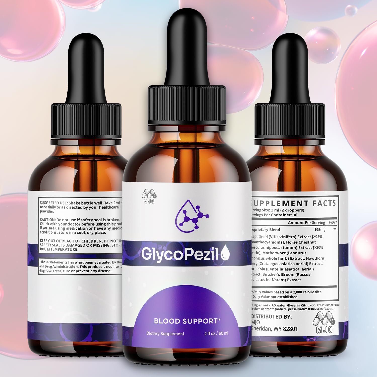 MJO Glycopezil Drops bottle close-up showing all-natural formulation