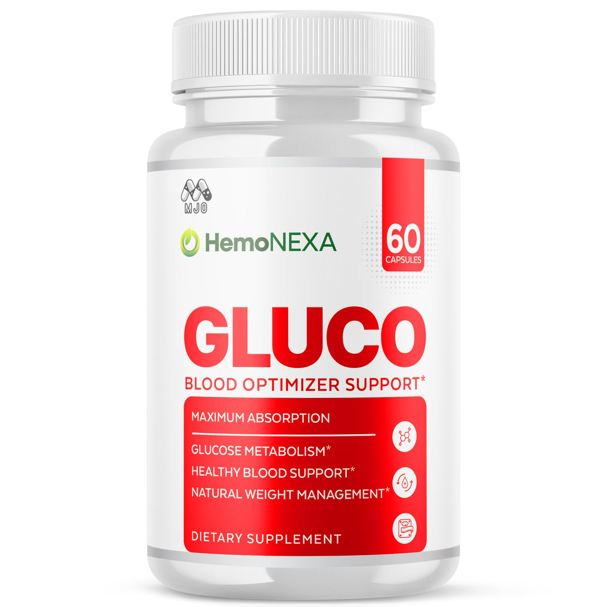 MJO HemoNexa capsules bottle displaying a full month supply for daily wellness