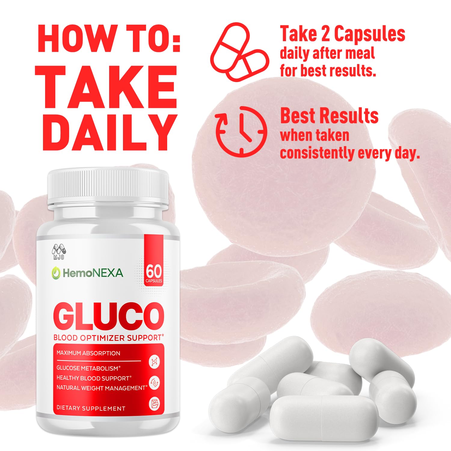 MJO HemoNexa capsules packaging highlighting a 60-count bottle