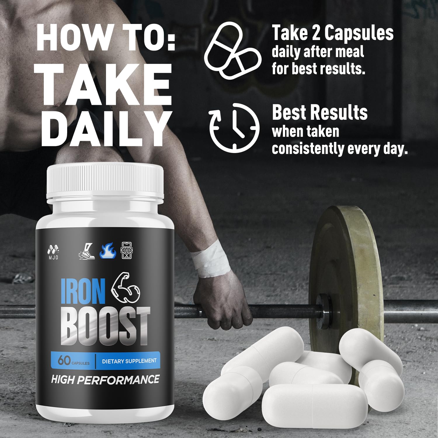 MJO Iron Boost bottle detailing 30 servings per bottle.