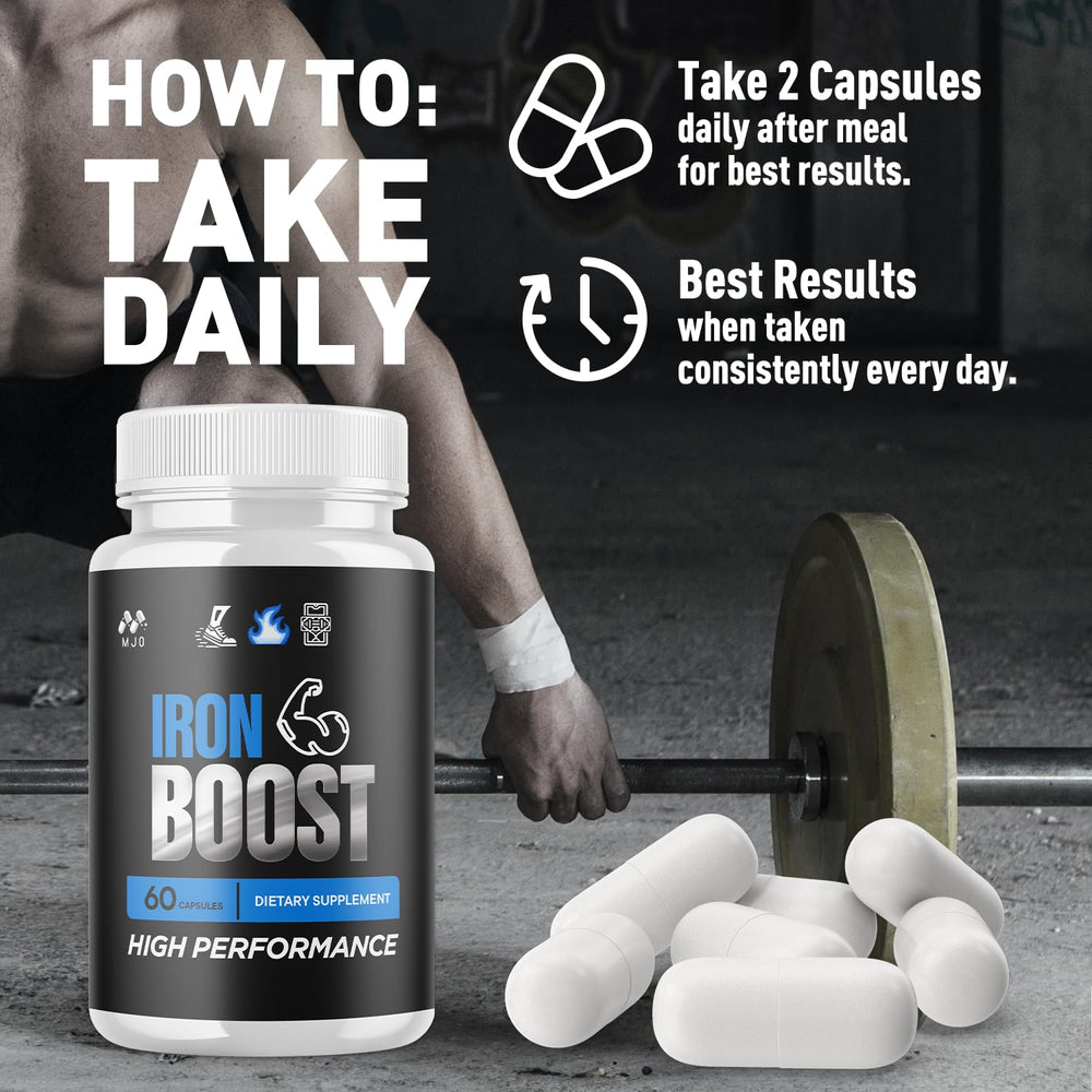 MJO Iron Boost bottle detailing 30 servings per bottle.
