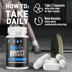 MJO Iron Boost bottle detailing 30 servings per bottle.