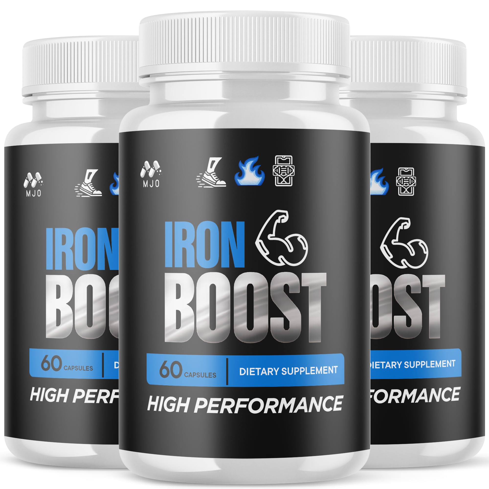 MJO Iron Boost bottle front showing all-natural ingredients for daily wellness.