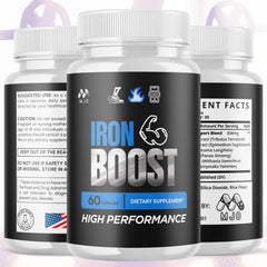 MJO Iron Boost bottle label close-up highlighting premium vitamins.