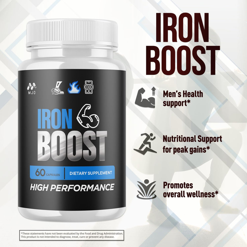 MJO Iron Boost bottle with packaging in a lifestyle setting.