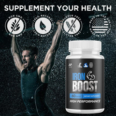 MJO Iron Boost capsules neatly arranged on a white surface.