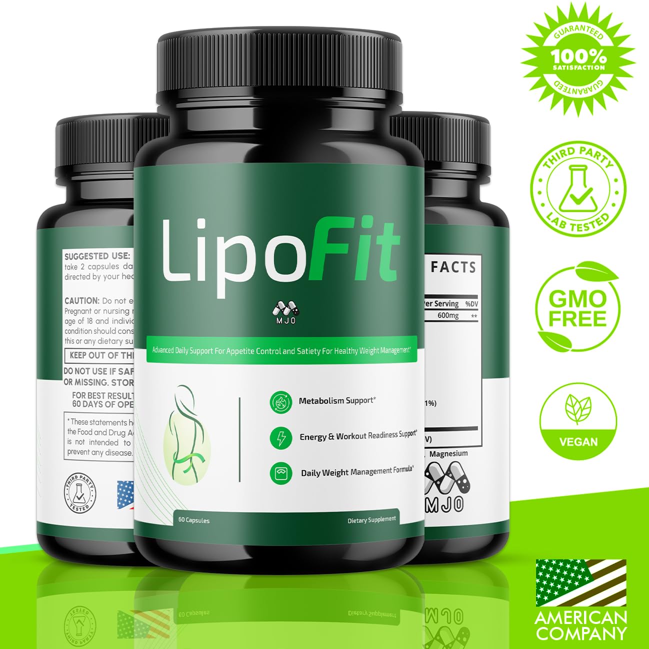 MJO Lipo Fit Capsules bottle back label close-up highlighting ingredients