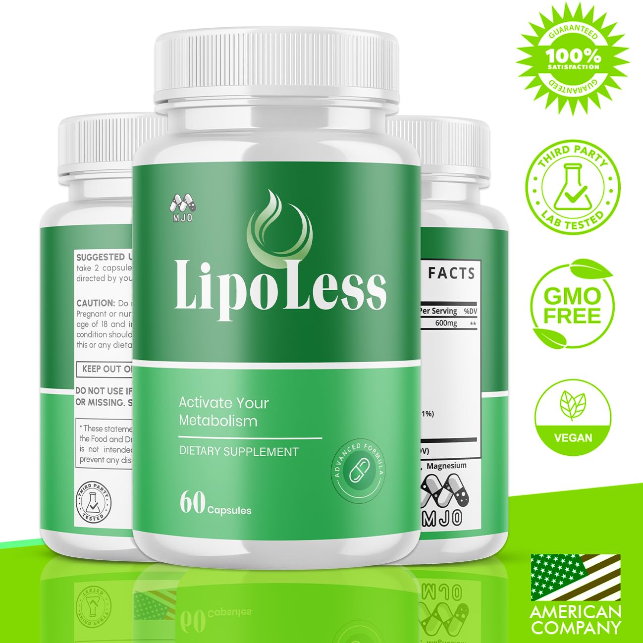 MJO LipoLess capsules close-up highlights all-natural ingredients for reliability.