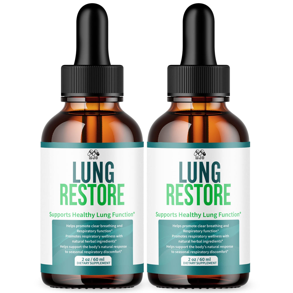 MJO Lung Restore Drops bottle close-up highlighting natural ingredients for everyday wellness