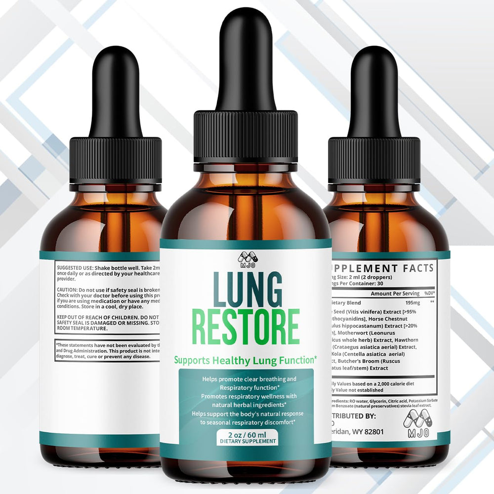 MJO Lung Restore Drops label close-up highlighting all-natural ingredients for lungs support.
