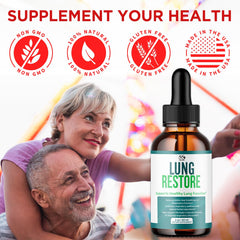 MJO Lung Restore Drops packaging display emphasizing 30 servings per bottle.