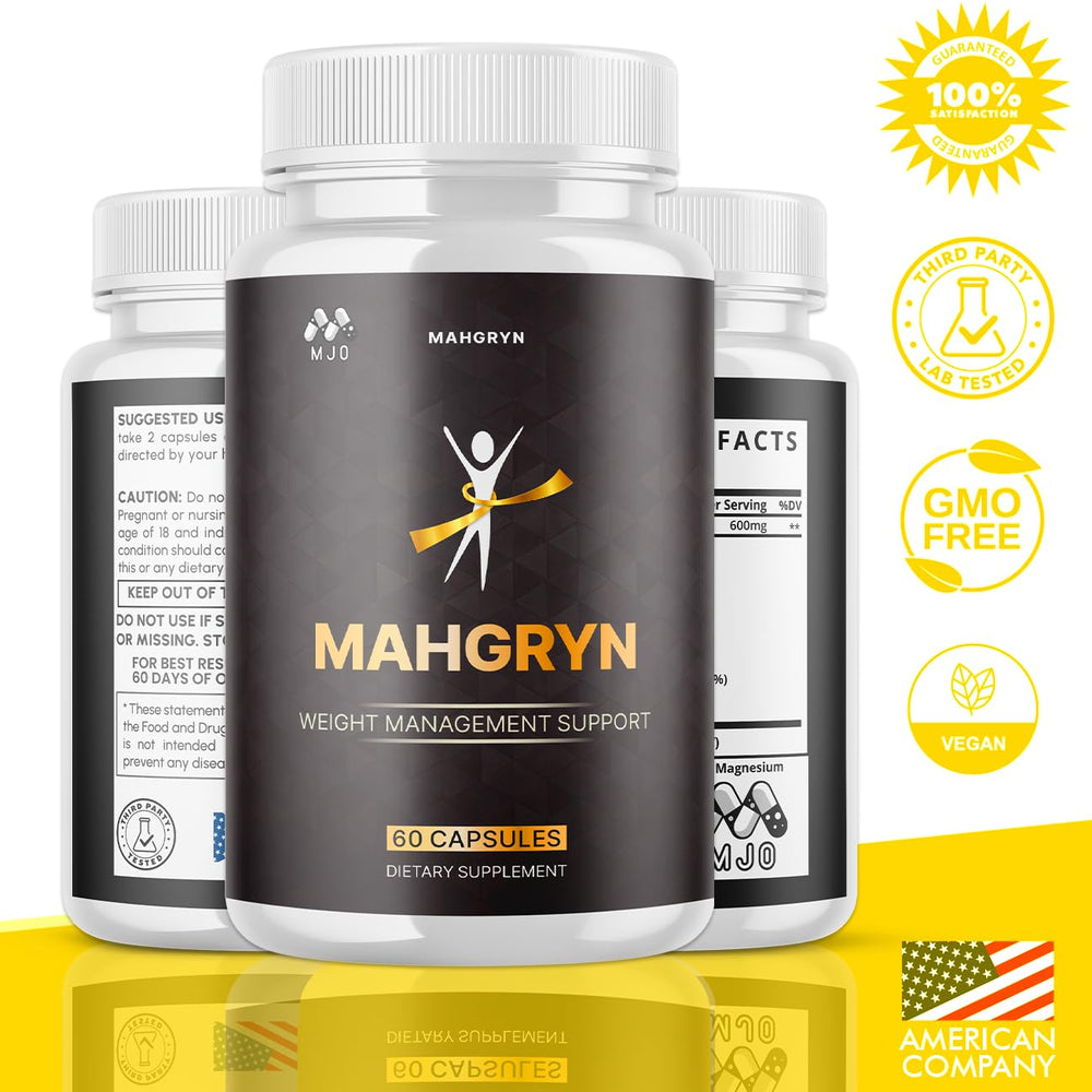 MJO Mahgryn capsules bottle label close-up emphasizes natural ingredients.