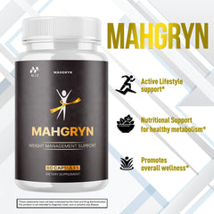 Natural ingredients blend in MJO Mahgryn capsules shown in glass display