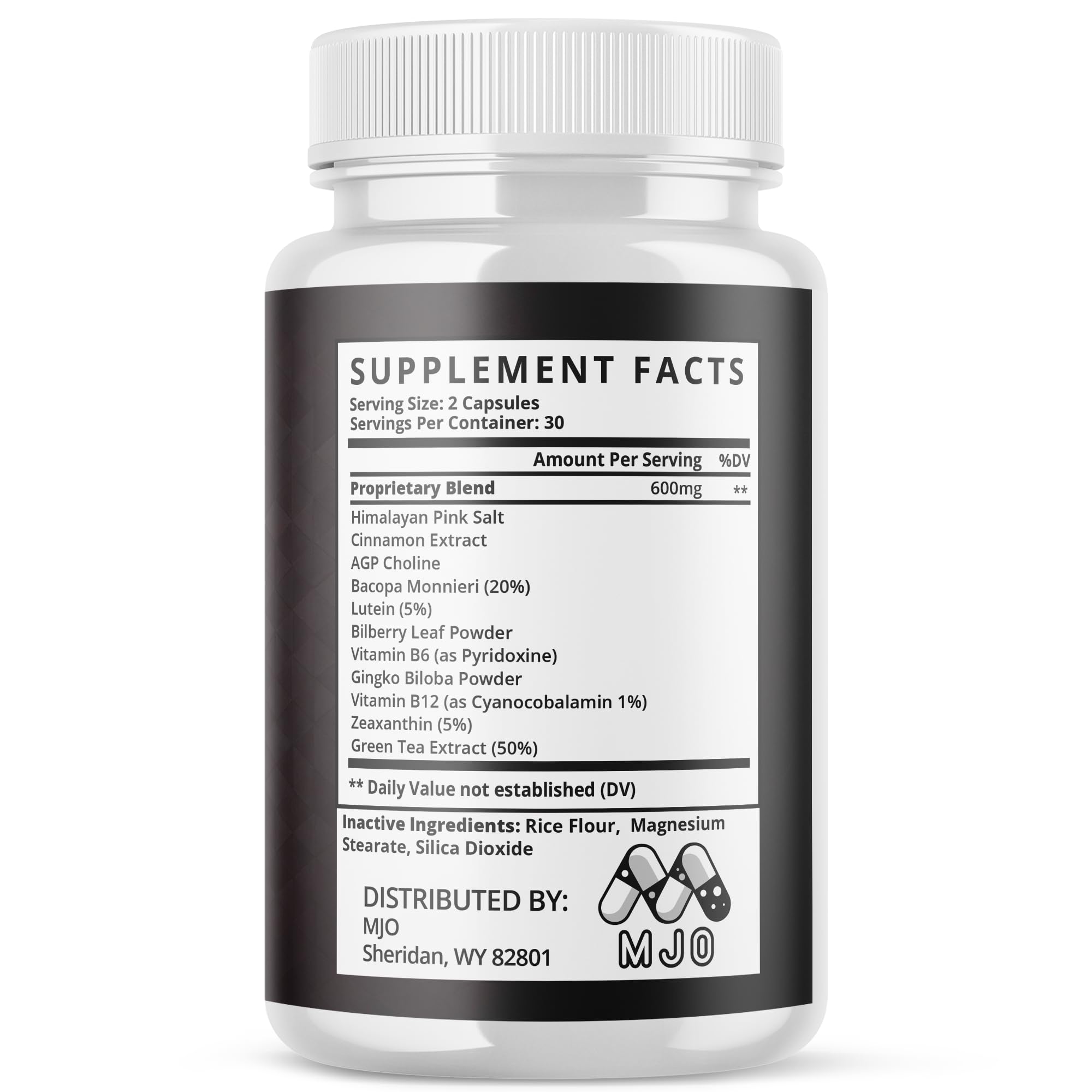 Label detail on MJO Mahgryn dietary supplement bottle for informed daily use
