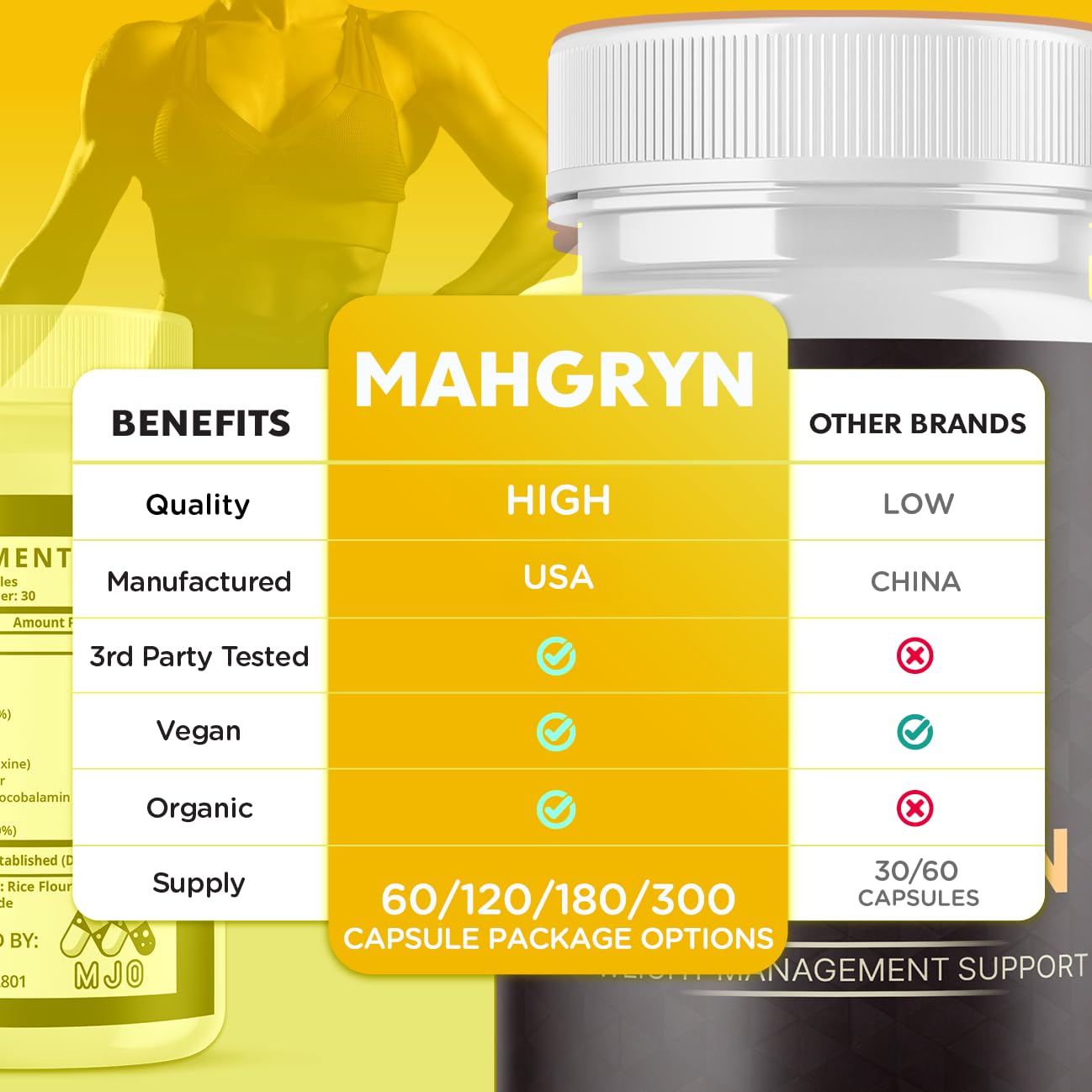 MJO Mahgryn capsules being poured from bottle for convenient daily use.