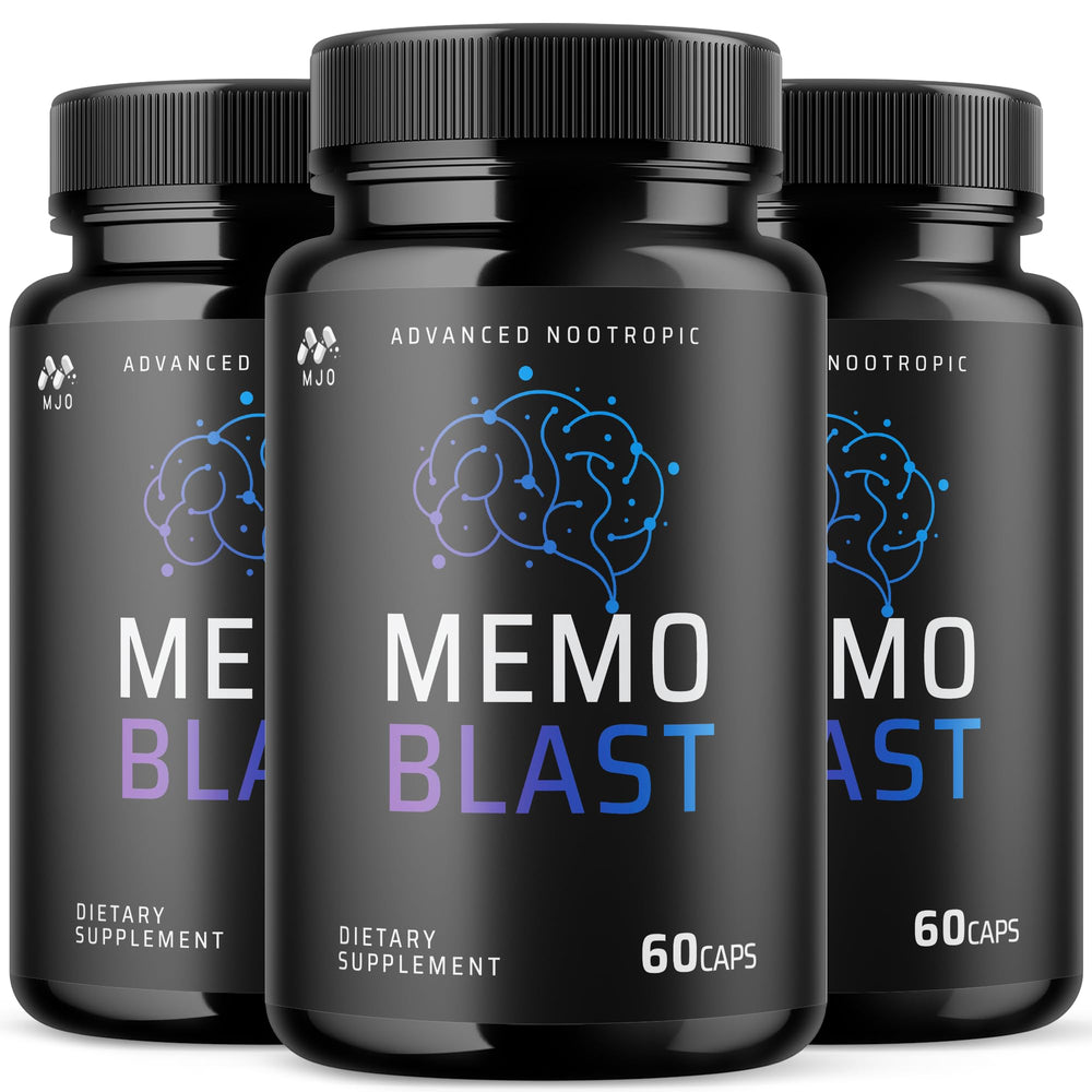 MJO Memo Blast capsules bottle front for daily brain health support.