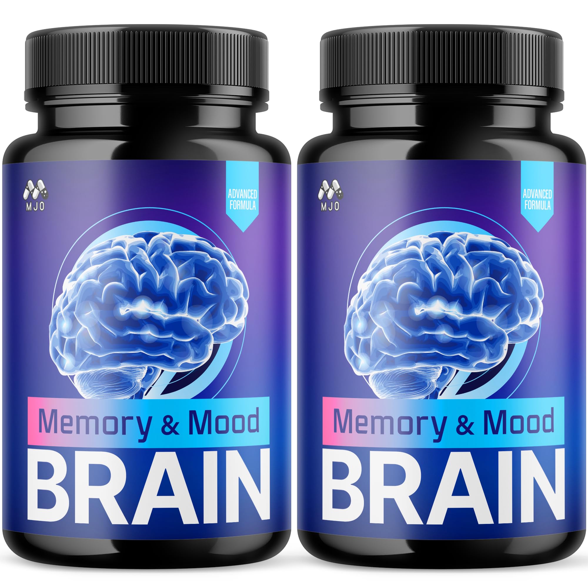 MJO Memory and Mood Brain Capsules bottle for daily focus and wellness routine.