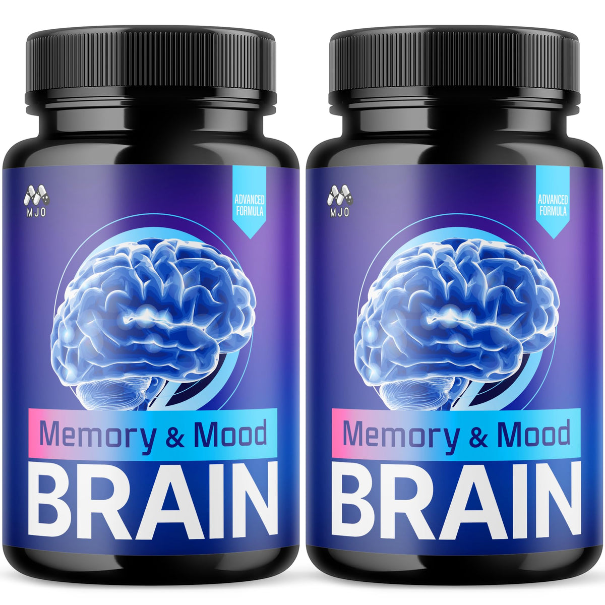 MJO Memory and Mood Brain Capsules bottle for daily focus and wellness routine.