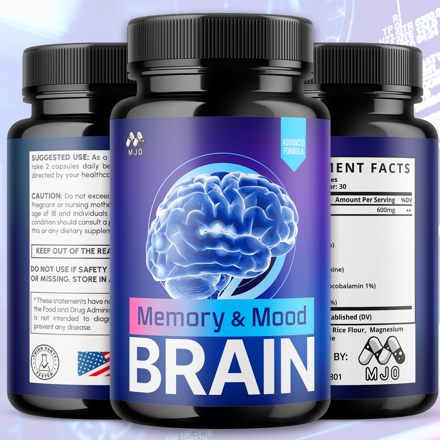 MJO Memory and Mood Capsules close-up highlighting all-natural ingredients.