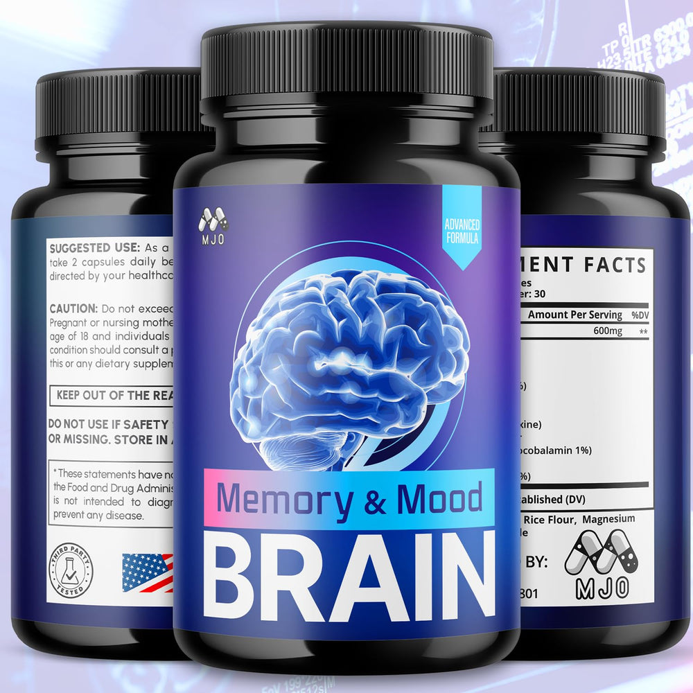 MJO Memory and Mood Capsules close-up highlighting all-natural ingredients.