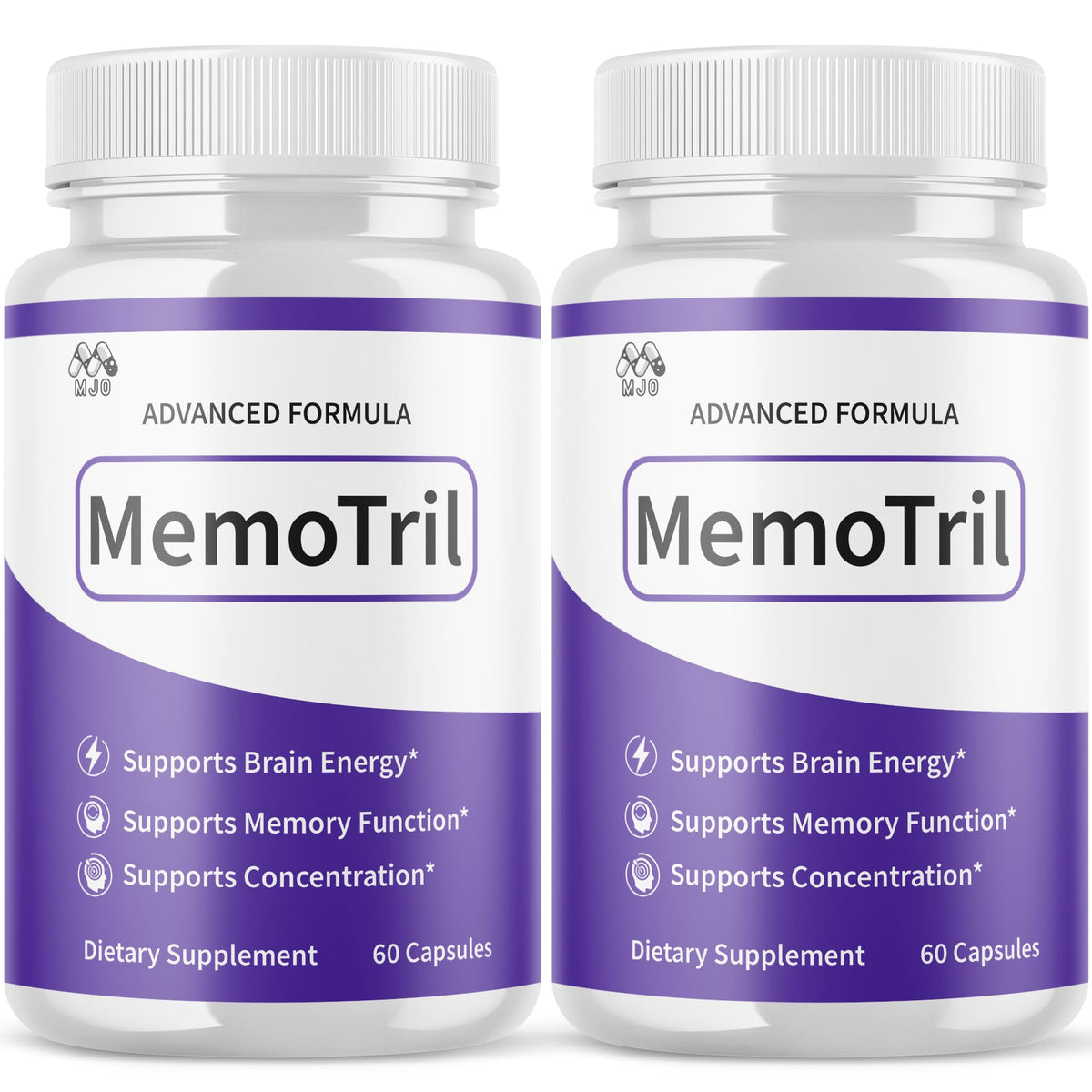 MJO Memotril capsules bottle front for daily brain wellness.