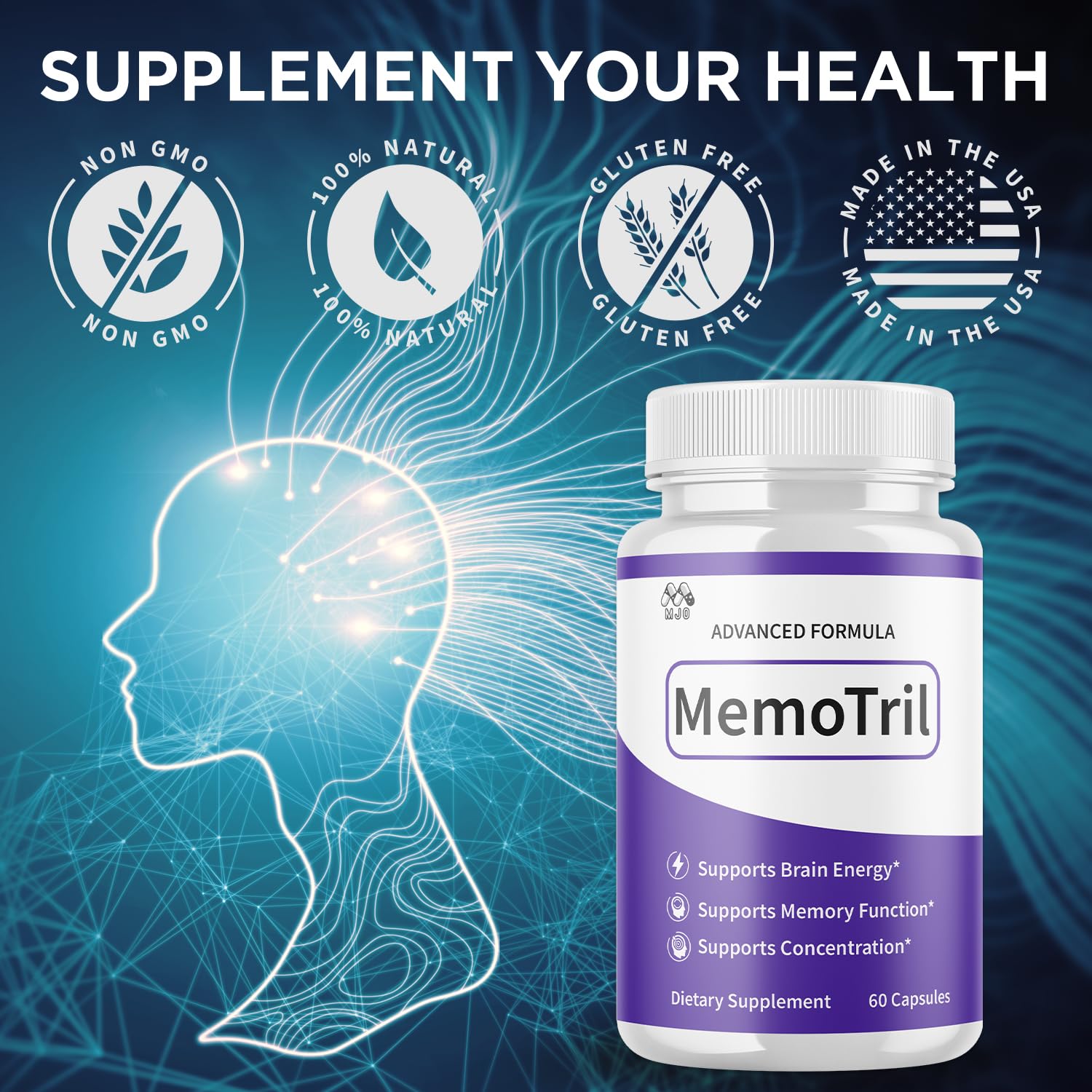 MJO Memotril bottle held in hand for everyday wellness.