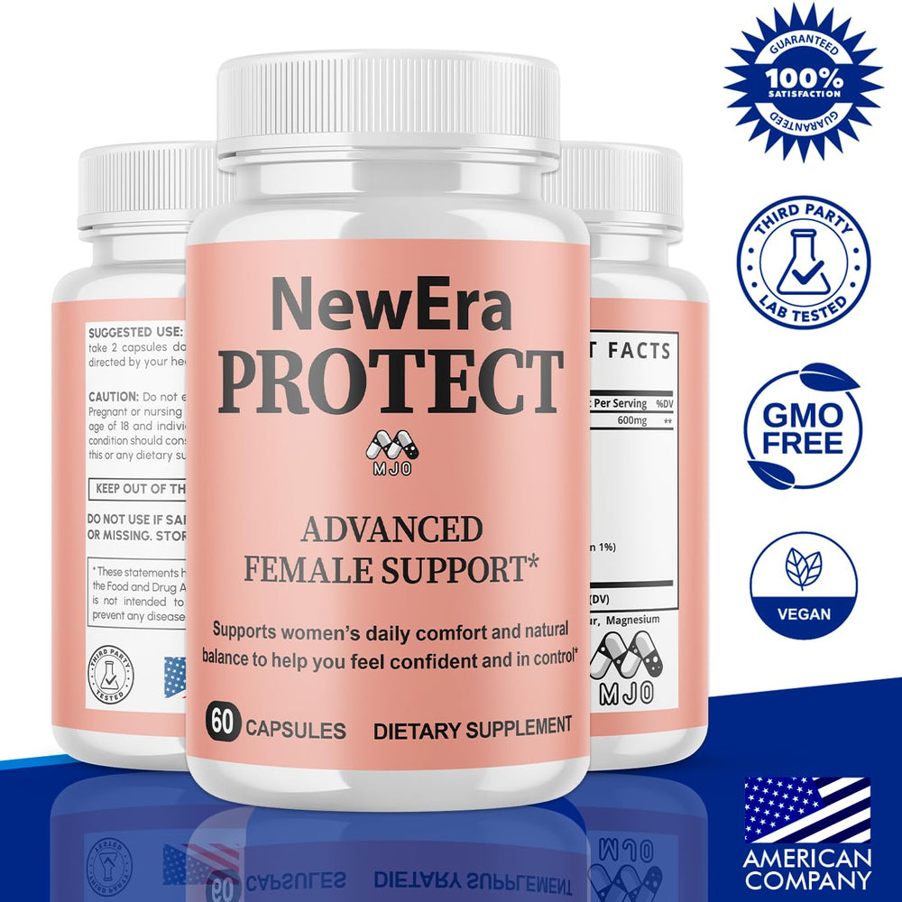 MJO New Era Protect bottle label emphasizes natural ingredients and 30 servings per bottle.