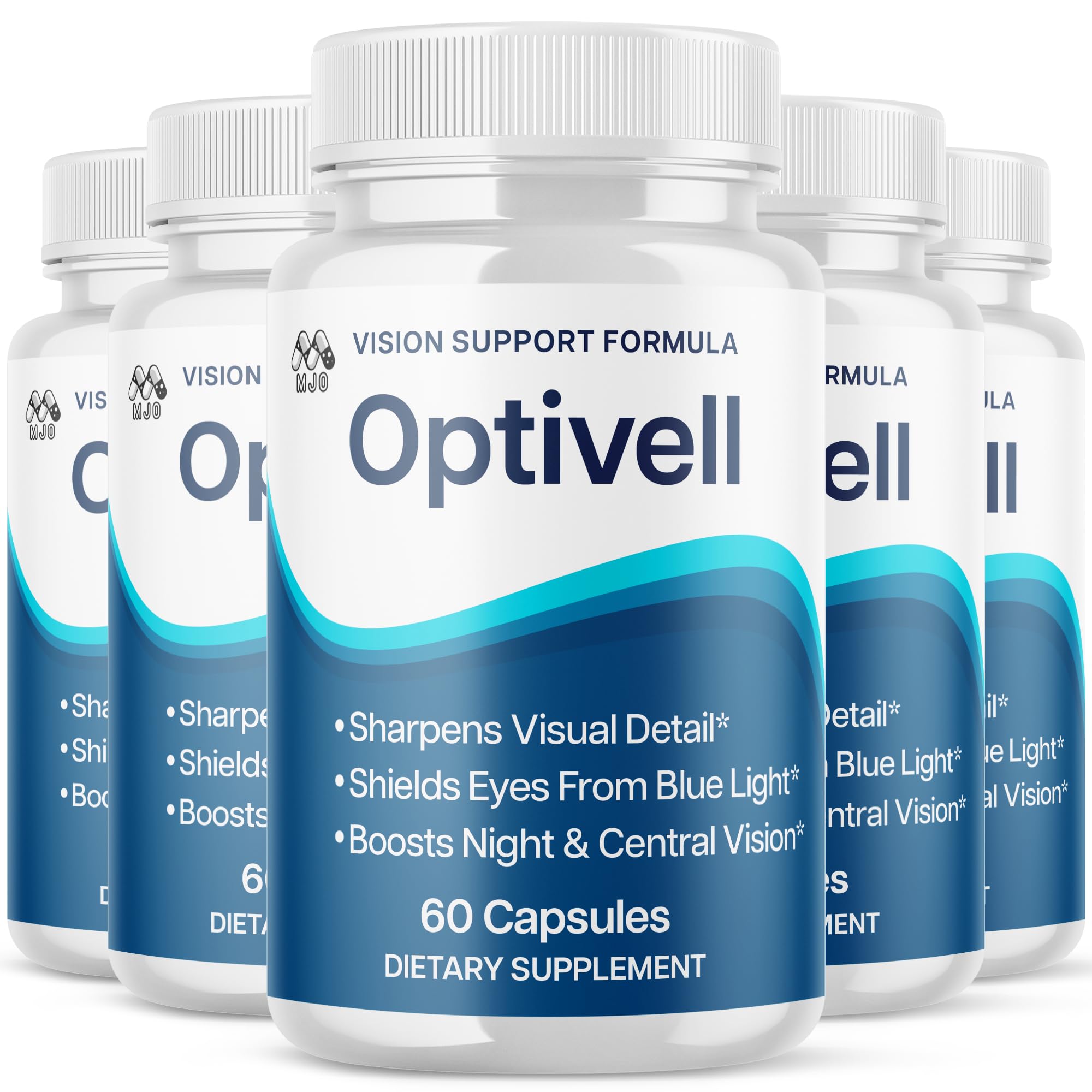 MJO Optivell Eye Capsules bottle front with 5-pack for daily eye wellness.