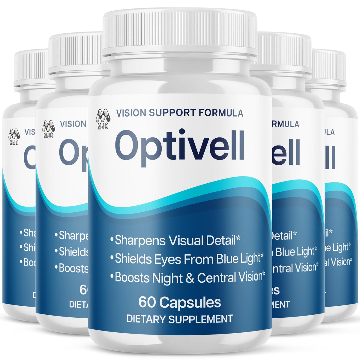 MJO Optivell Eye Capsules bottle front with 5-pack for daily eye wellness.