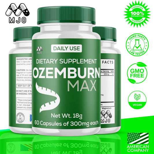 MJO Ozemburn Max capsules closeup highlighting natural energy ingredients.