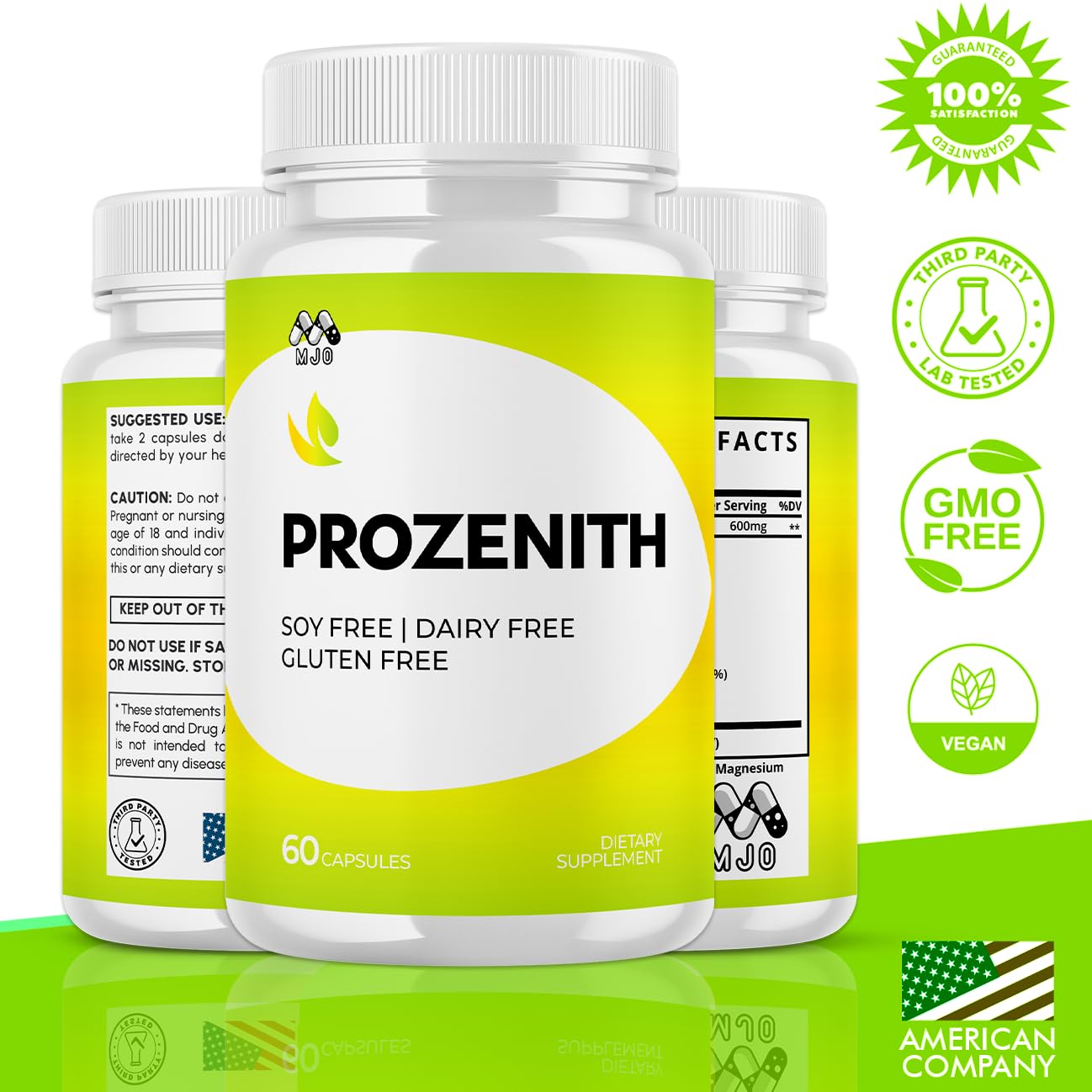 MJO Prozenith bottle back shows ingredients and benefits for everyday vitality