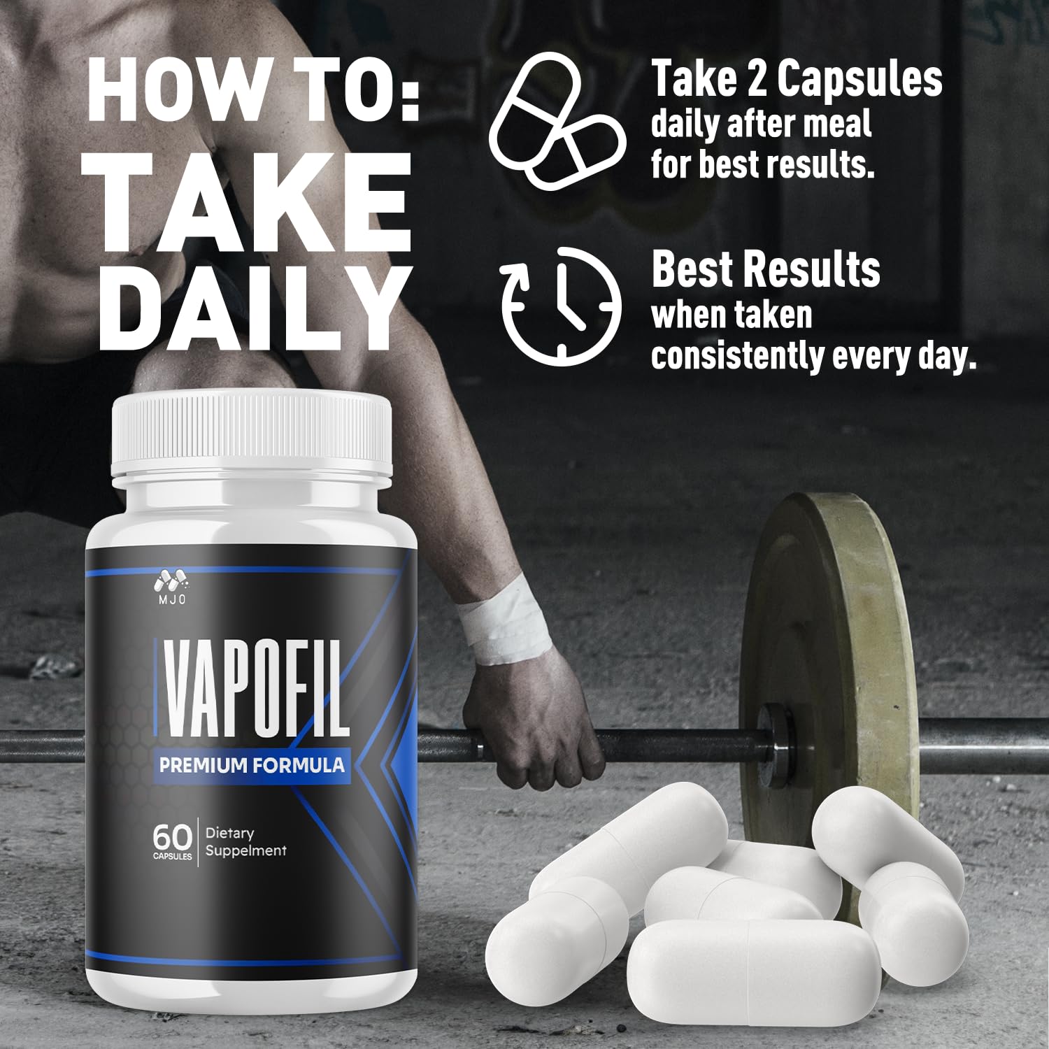 MJO Vapofil capsules in use during a workout, signaling active lifestyle support.