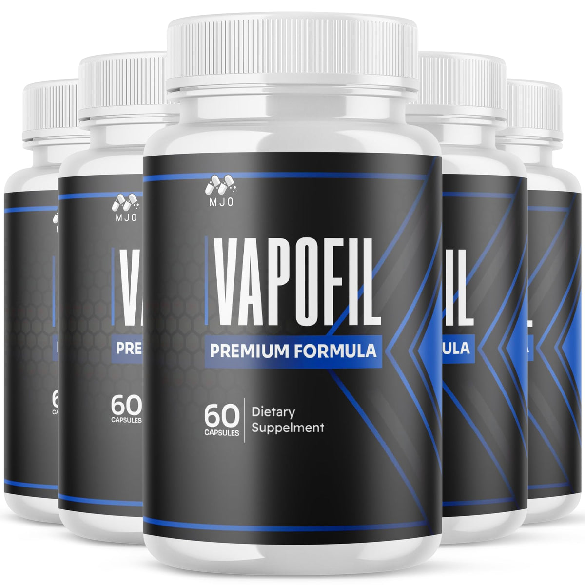 MJO Vapofil capsules bottle front view highlighting gluten-free, all-natural formula.