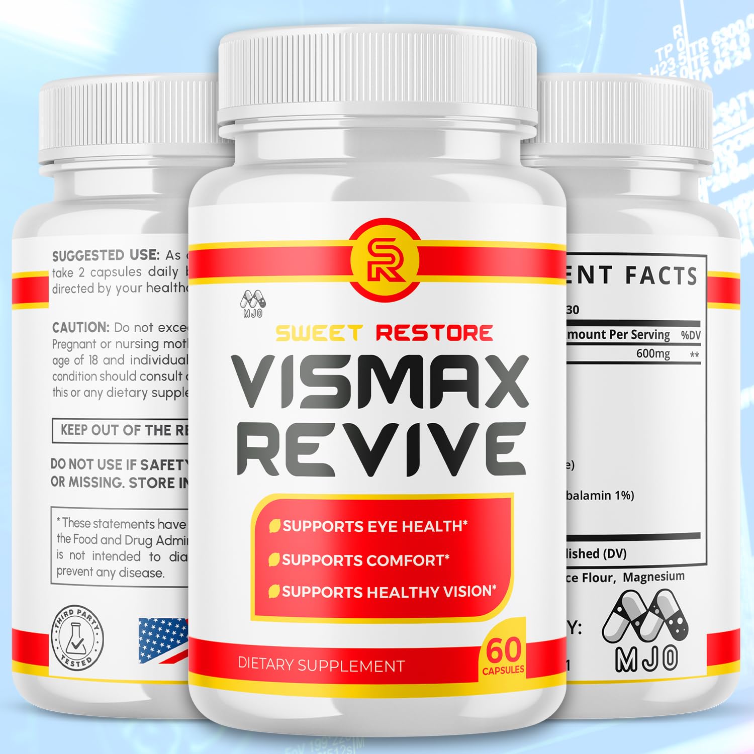 MJO Vismax Revive label detail emphasizing gluten-free formulation.