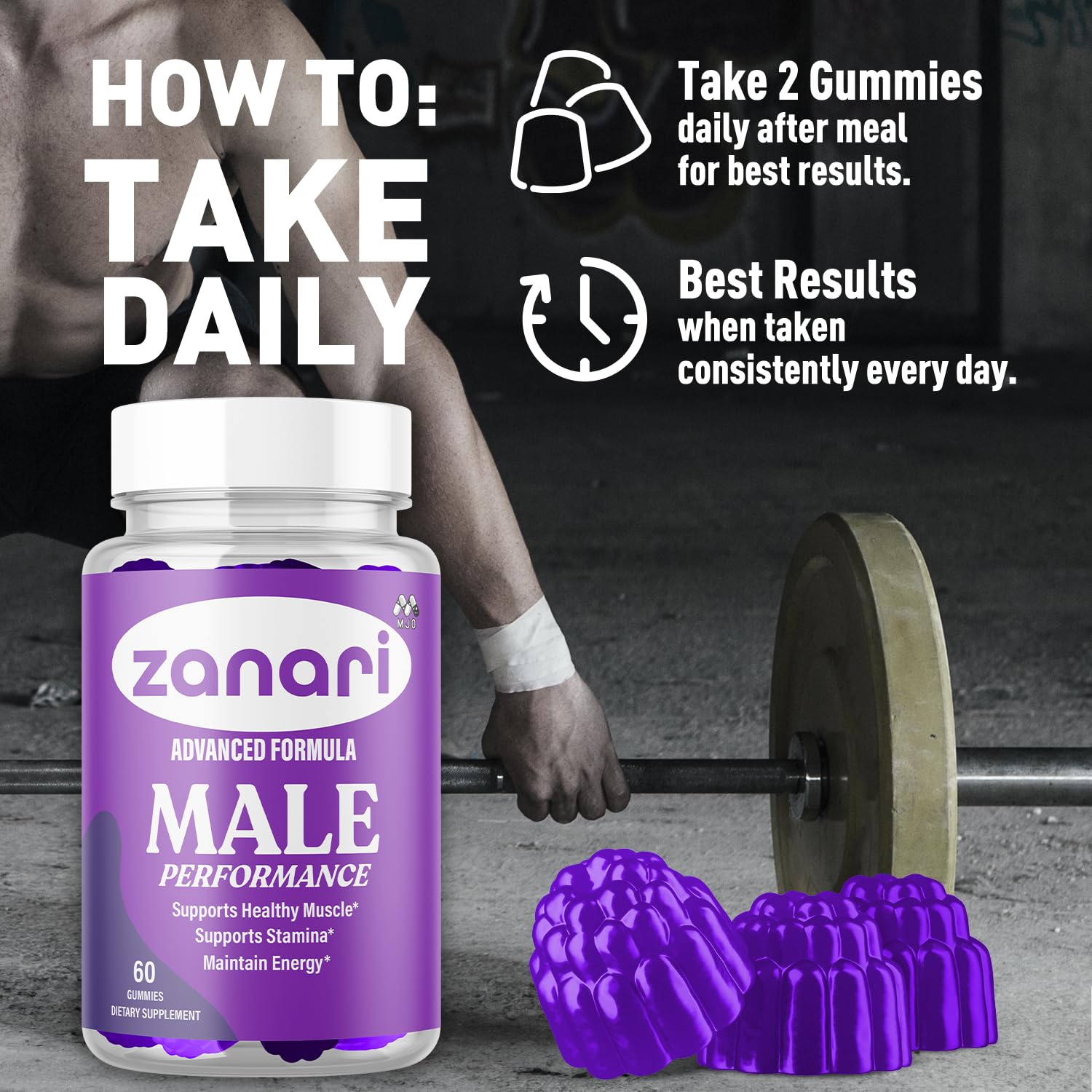 MJO Zanari Gummies pack detail showing packaging and servings.