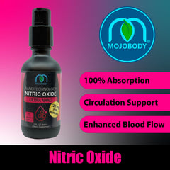 MOJObody Nano Nitric Oxide label closeup highlights branding and clear dosing cues.