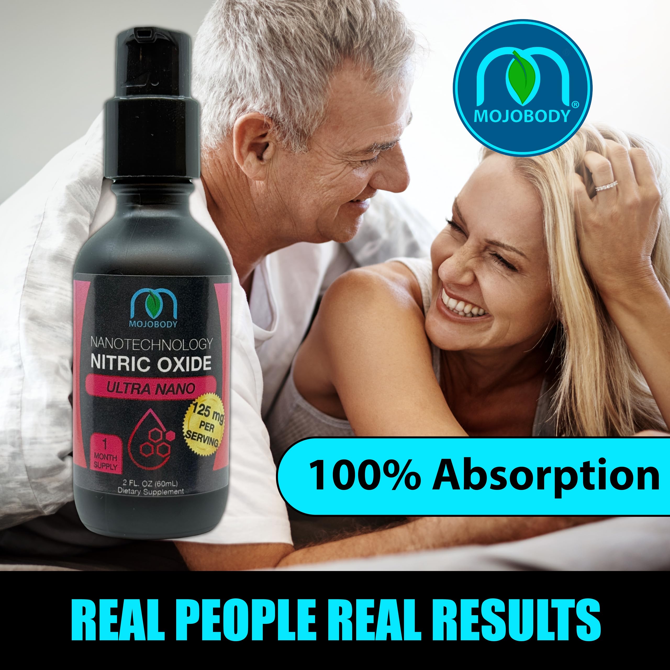 MOJObody Nano Nitric Oxide bottle pour illustrates precise dispensing for controlled use.