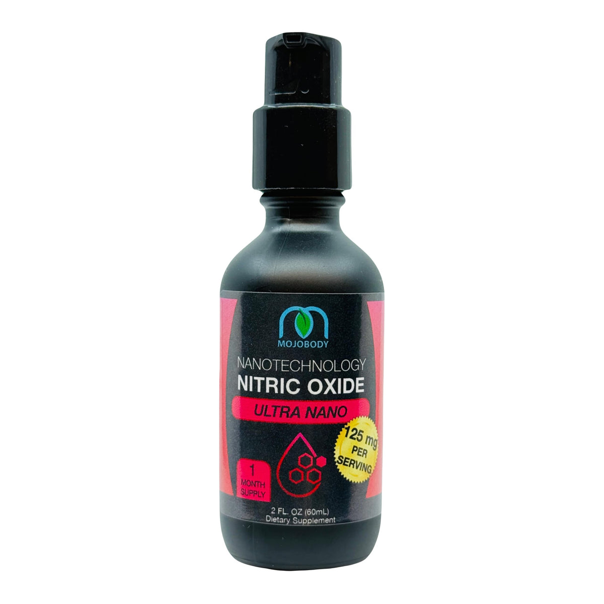 MOJObody Nano Nitric Oxide bottle pump top view shows easy daily dosing for circulation support.