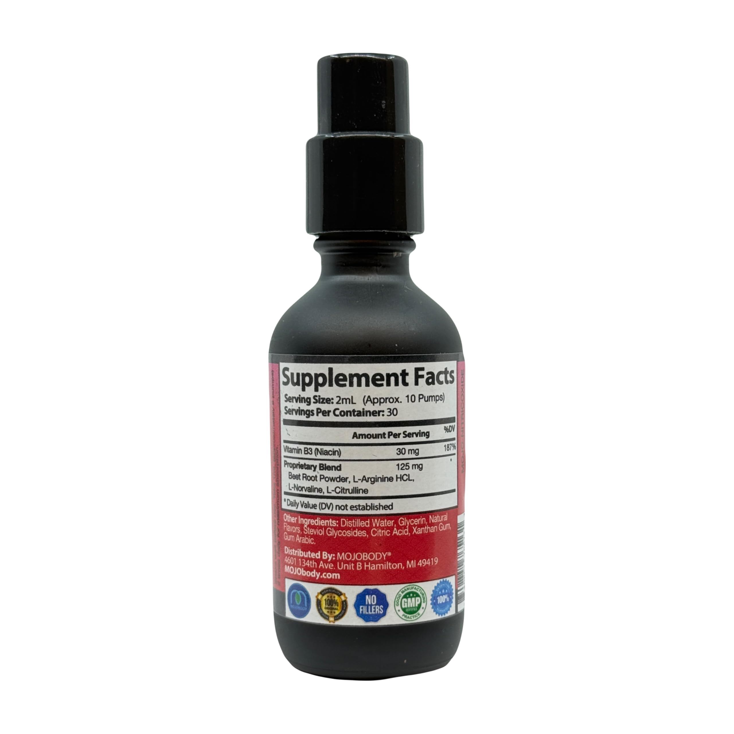 MOJObody Nano Nitric Oxide glass setup with packaging emphasizes USA manufacturing.