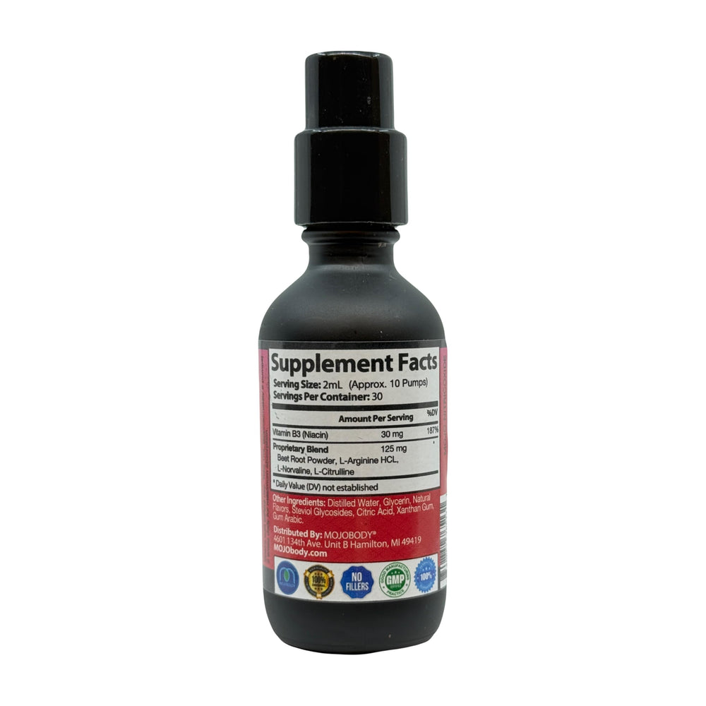 MOJObody Nano Nitric Oxide glass setup with packaging emphasizes USA manufacturing.