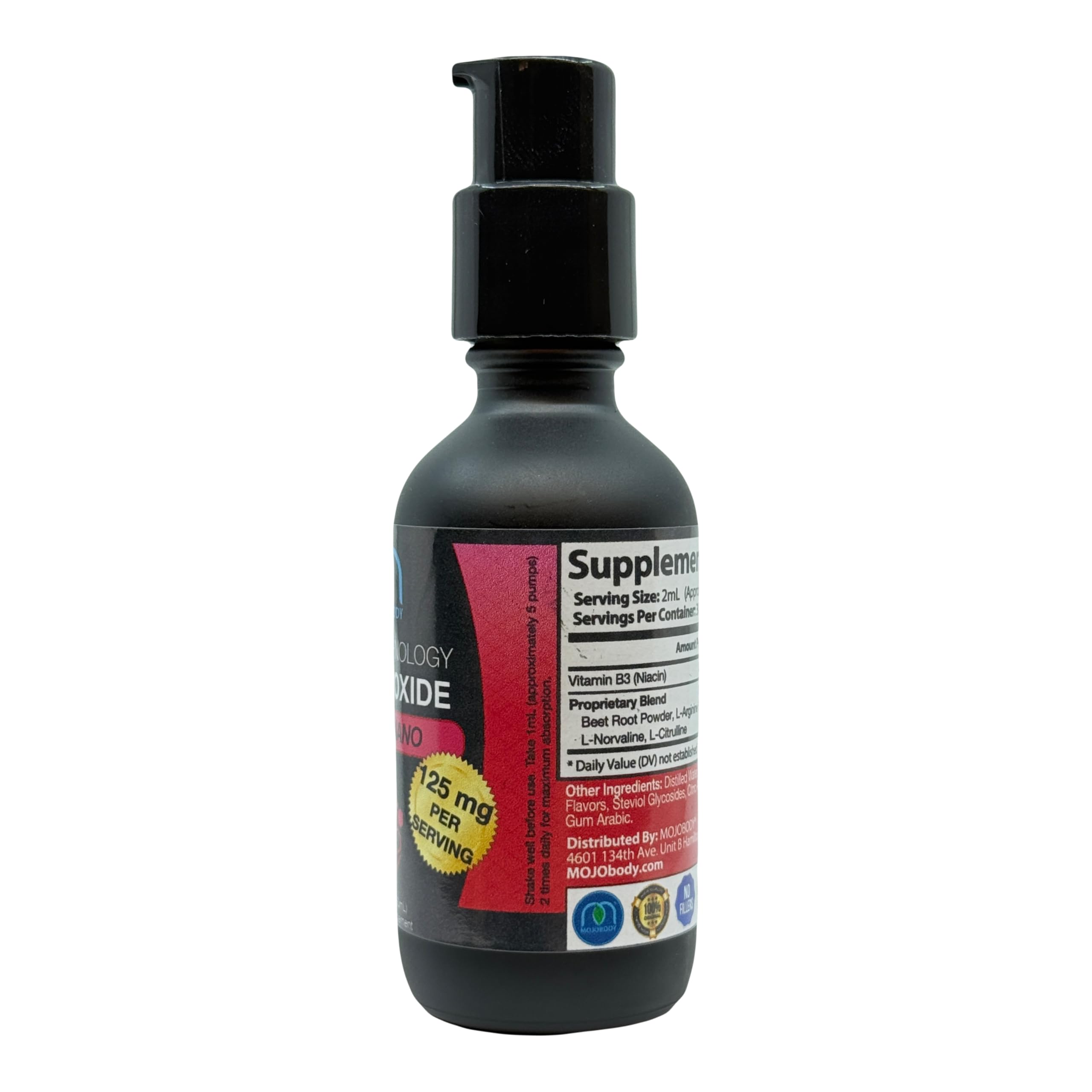 MOJObody Nano Nitric Oxide pump action closeup emphasizes efficient daily dosing.