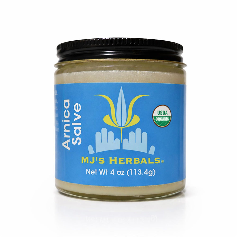 MJ's Herbals arnica salve jar close-up for soothing everyday skin support