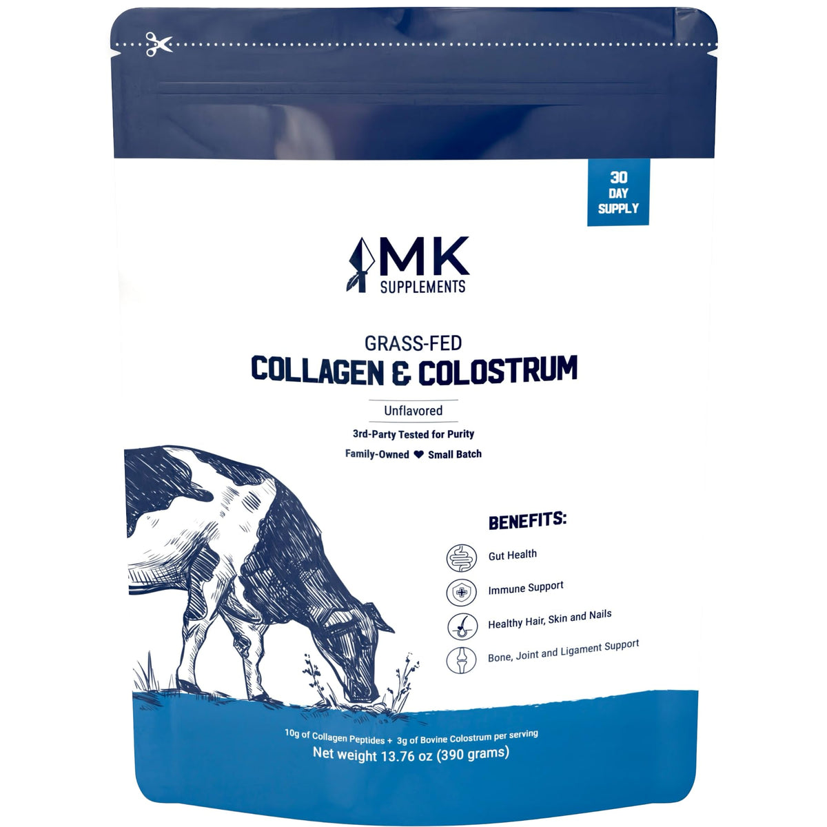 MK Supplements Collagen & Colostrum bottle close-up highlighting skin and immune support