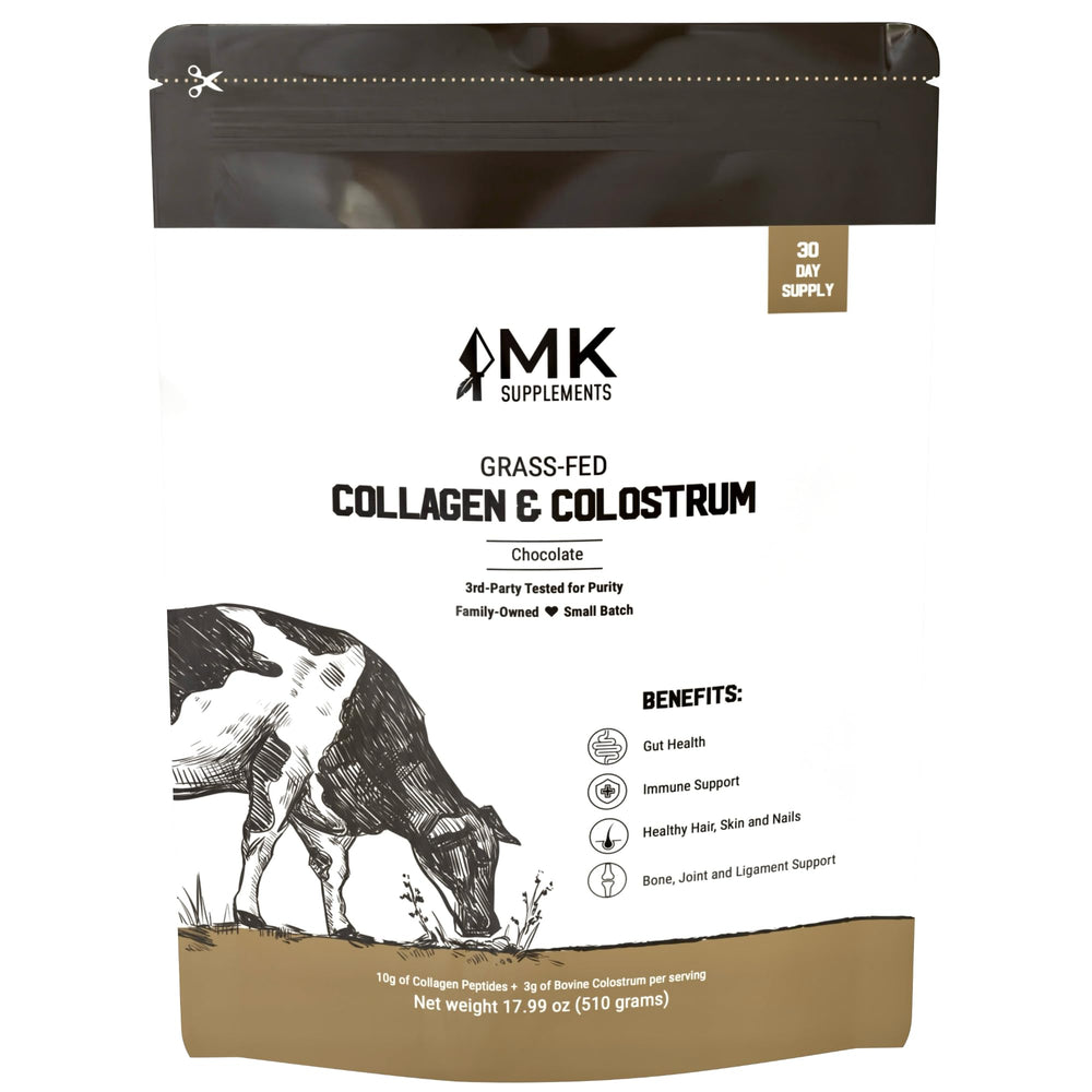 MK Supplements Collagen & Colostrum chocolate bottle suggesting an easy gut and joint option