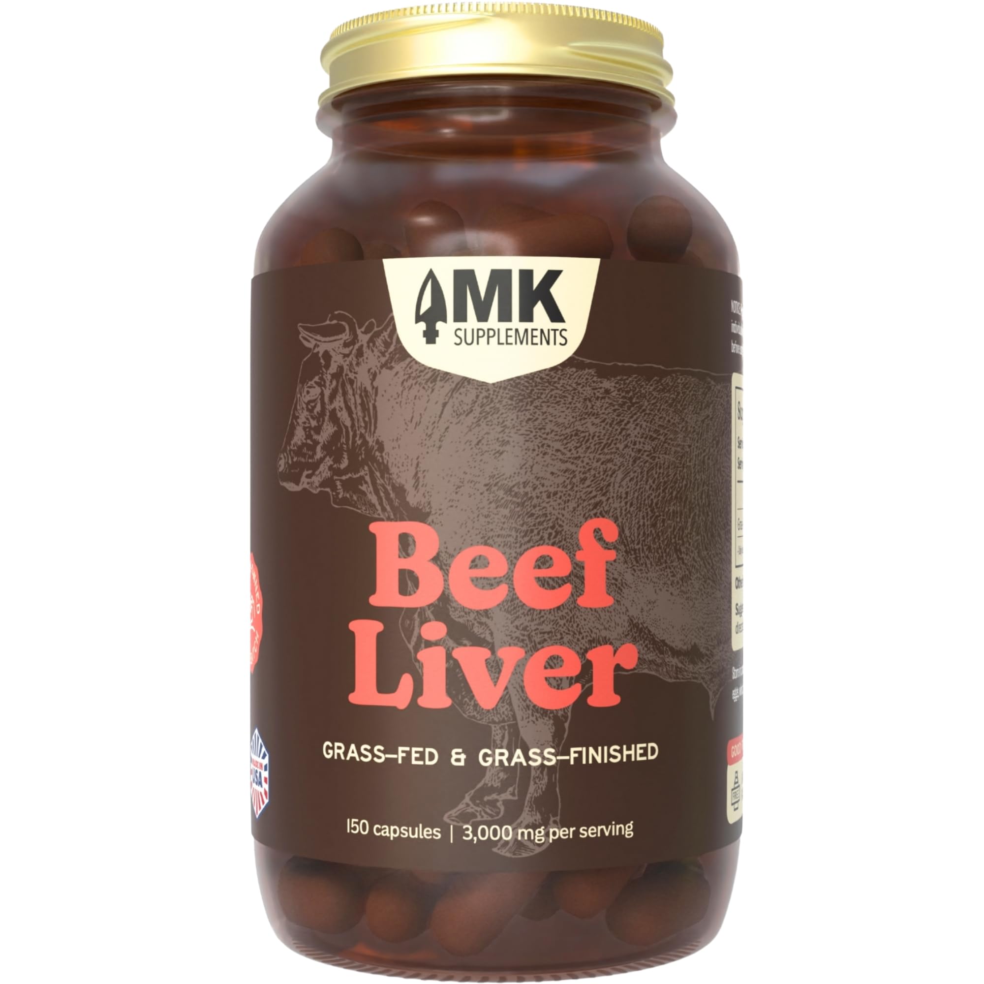 MK Supplements Grass Fed Beef Liver bottle front showing energy support