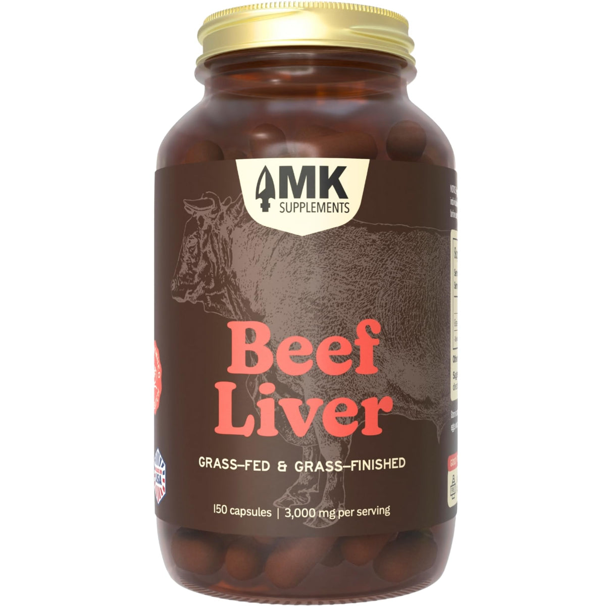 MK Supplements Grass Fed Beef Liver bottle front showing energy support