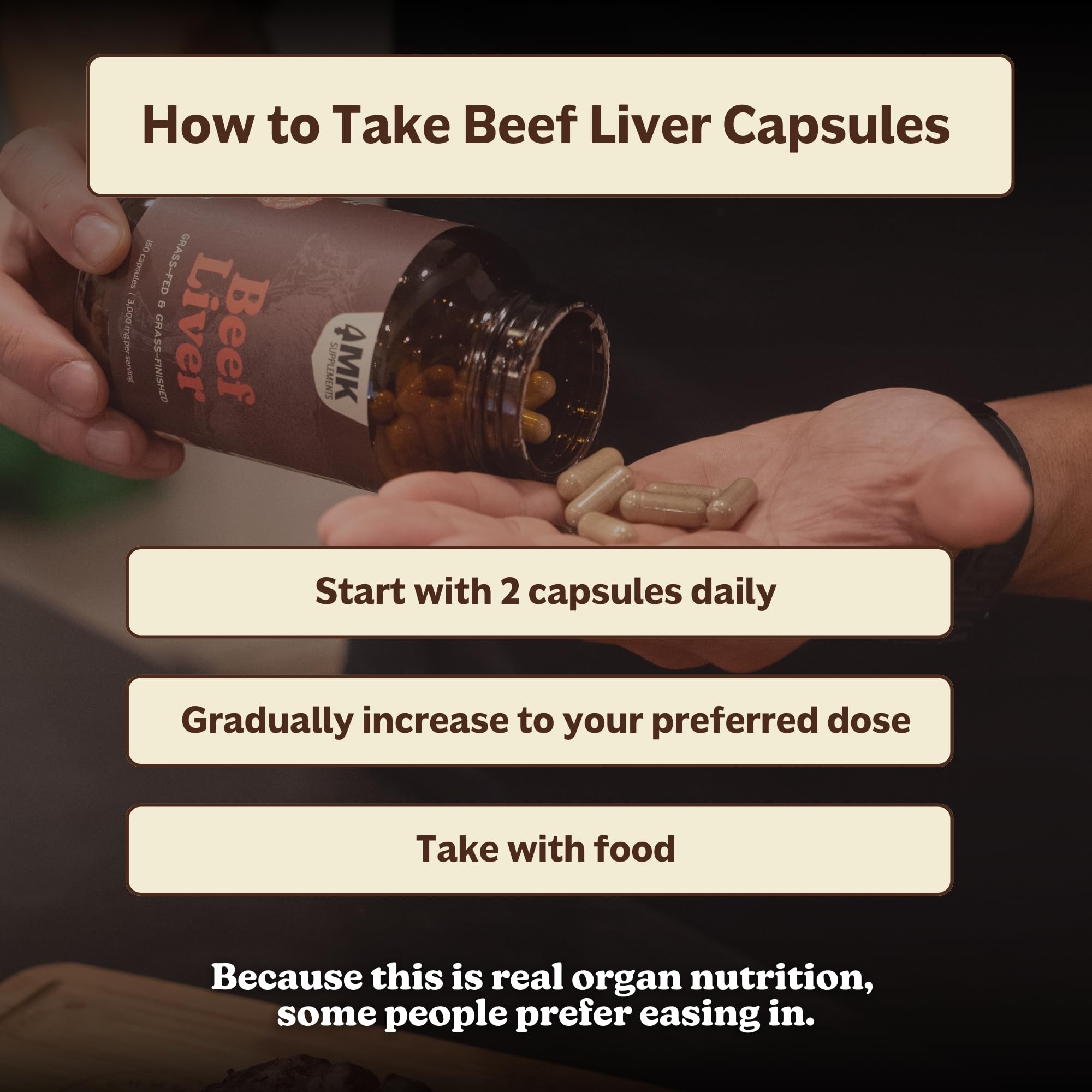 MK Supplements Grass Fed Beef Liver ingredients panel closeup non-GMO