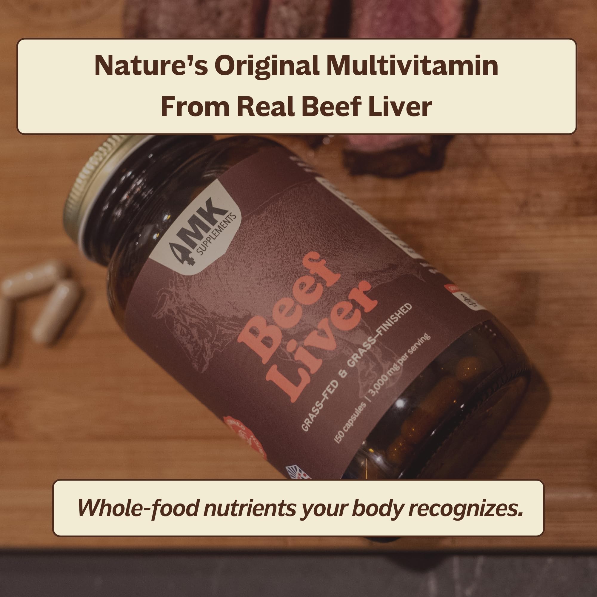 MK Supplements Grass Fed Beef Liver label closeup showing iron and B12